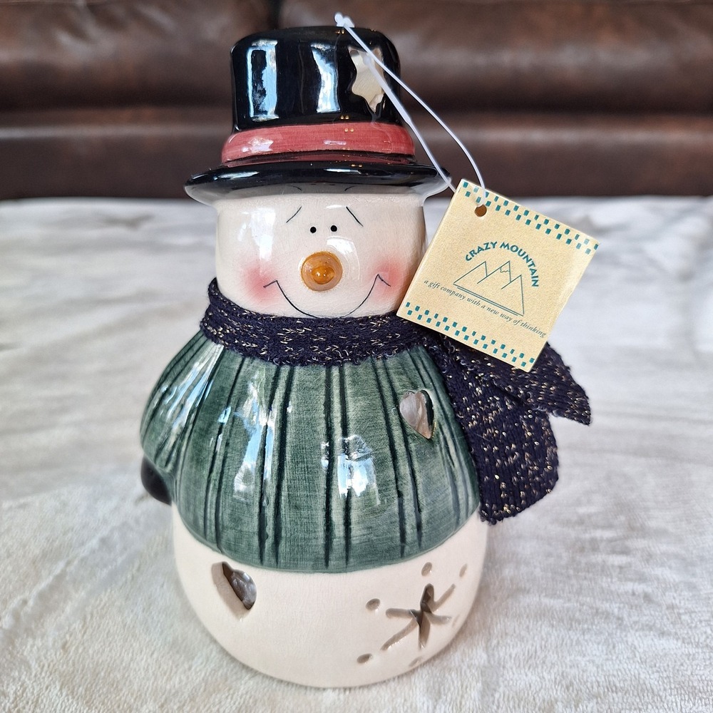 Vintage 2002 Primitive Snowman Votive Tealight Candle Holder Crazy Mountain
